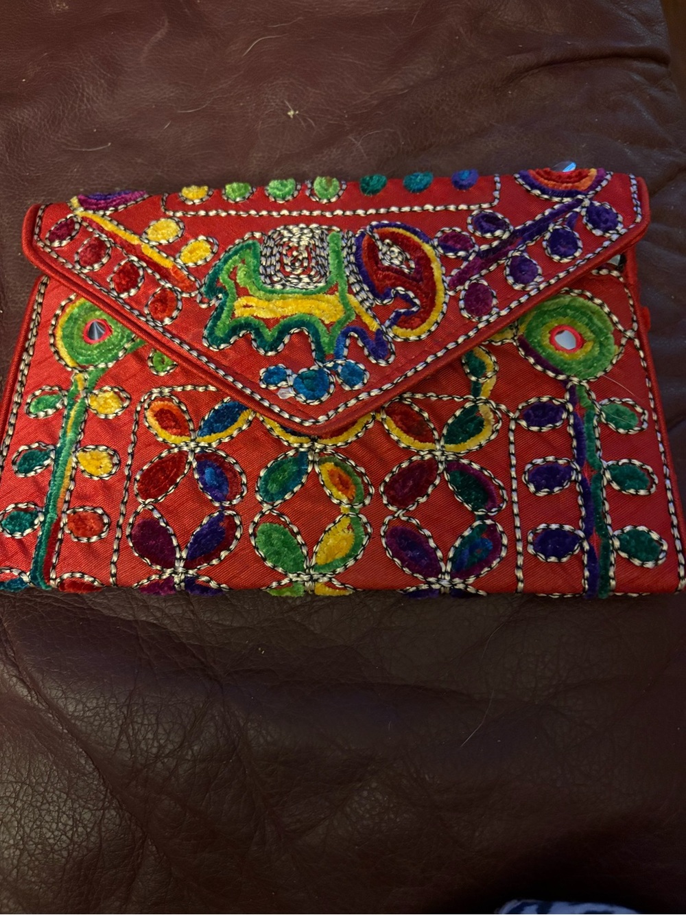 Hand-Embroidered Red Boho Elephant Clutch